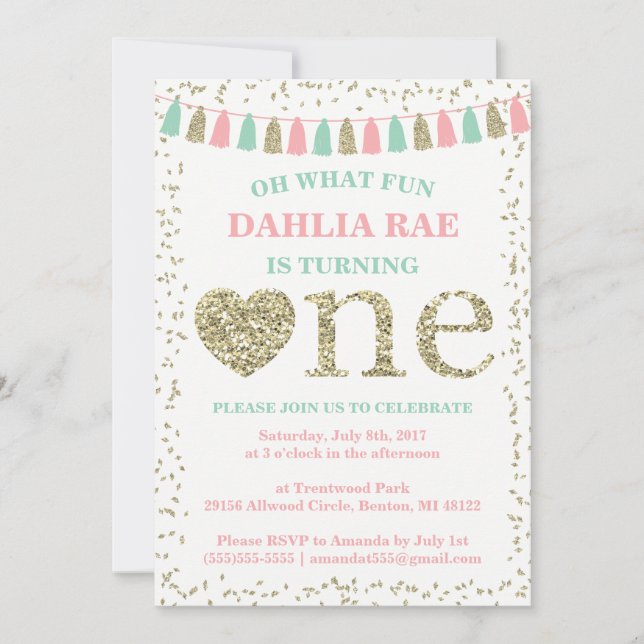 Flickans första födelsedagsinbjudan Rosa Mint Guld Inbjudningar (Framsida)