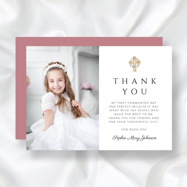 Flickans första kommunala Blommigt Wandeand Kor Ph Tack Kort (Girl First Communion Floral Wreath Cross Photo Thank You Card)