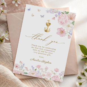 Flickans första kommunion Pastellblommor Tack Kort