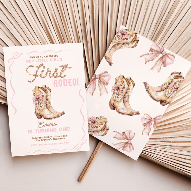 Flickans första rodeo 1:a födelsedag Cowgirl Inbju Inbjudningar (first rodeo birthday invite, cowgirl 1st birthday party, pink bow rodeo invitation, western birthday)