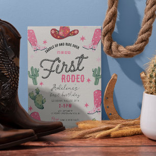 Flickans första rodeo-födelsedag Cowgirl Cute Rosa Inbjudningar