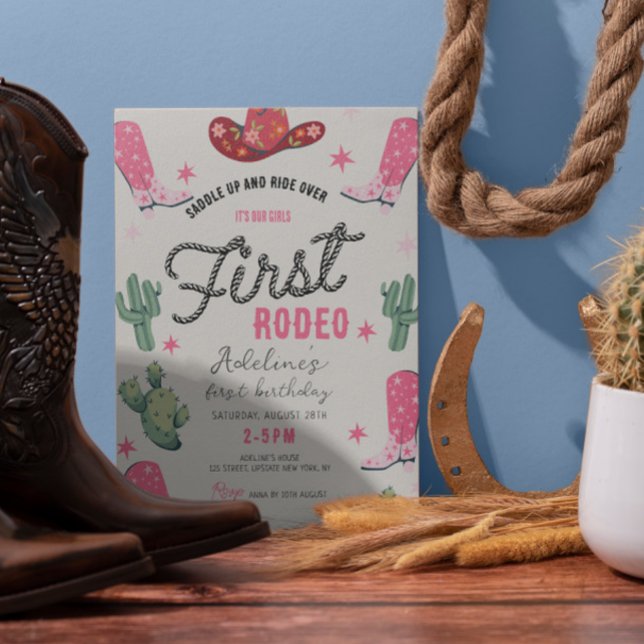 Flickans första rodeo-födelsedag Cowgirl Cute Rosa Inbjudningar (Girl 1st Rodeo Cowgirl Party Invitations Printable Digital Template First Rodeo party inivtations)