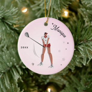 Flickans Golf Golfer Silhouette Rosa Namn Year Julgransprydnad Keramik