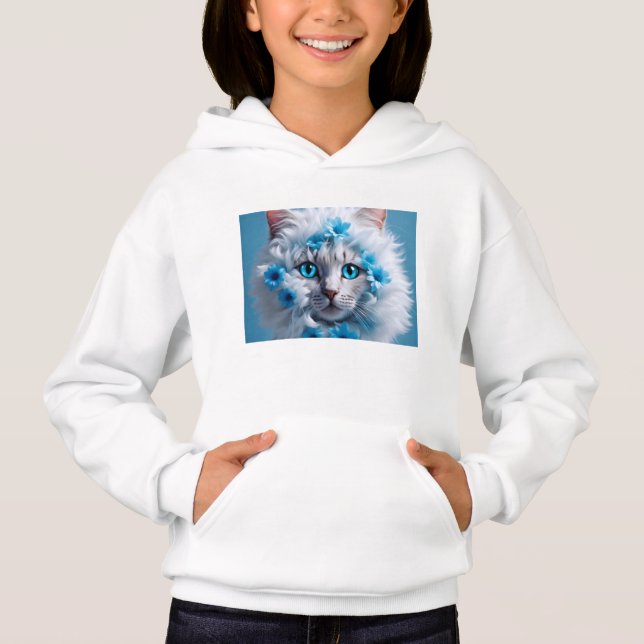 Flickans Hoodie vit med vacker vit katt T Shirt (Framsida)