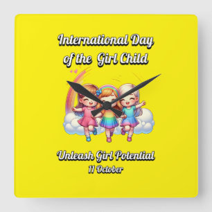 Flickans internationell-dag. Flickpotential. Fyrkantig Klocka