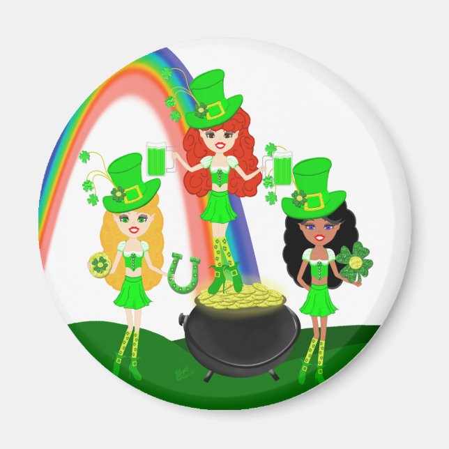 Flickans Leprechaunsar Rainbow och Pot of Guld Magnet (Framsidan)