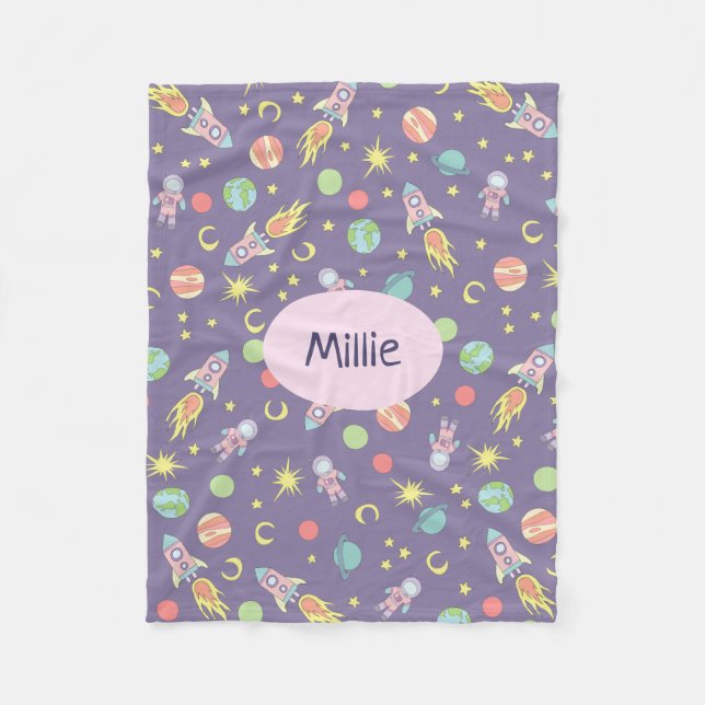 Flickans Lila Rocket Frakt Space Mönster och Namn Fleecefilt (Framsidan)