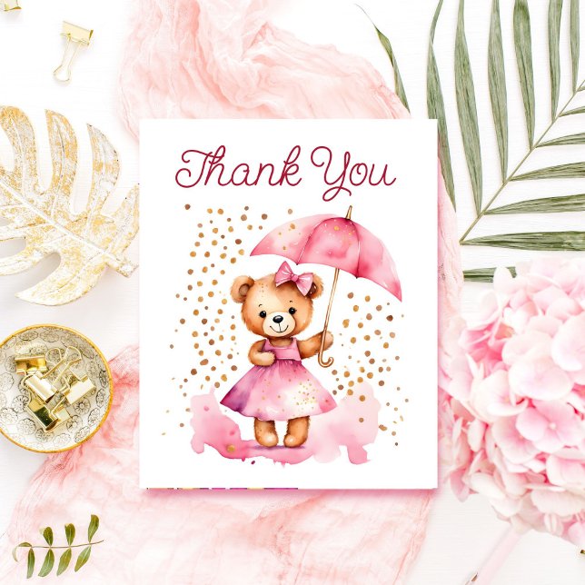 Flickans nalle-babydusch tack vare ditt kort (Girl teddy bear baby shower thank you card cute teddy bear with a pink dress umbrella gold sprinkles)
