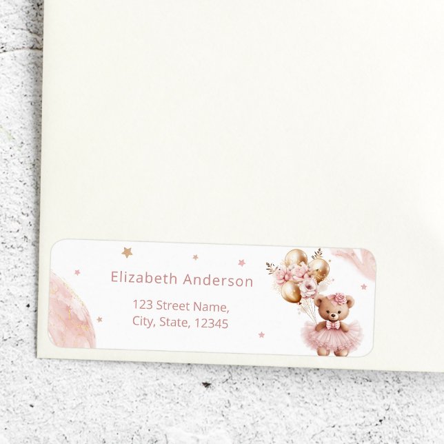 Flickans Nalle Balloon Barly Wait Baby Shower Returadress Etikett (Skapare uppladdad)