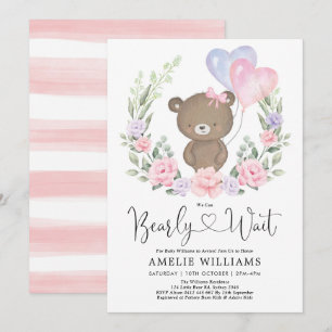 Flickans Nalle Rosa Lila Blommigt Baby Shower Inv. Inbjudningar