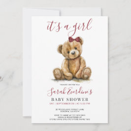 Flickans Nalle Watercolor Girl Baby Shower Inbjudningar