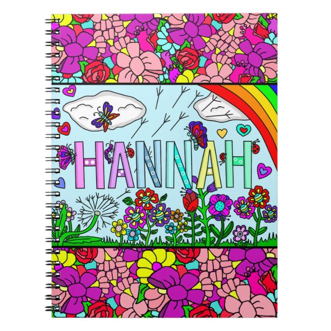 Flickans Namn Hannah Hand plockade Whimsical Flowe Anteckningsbok (Framsidan)