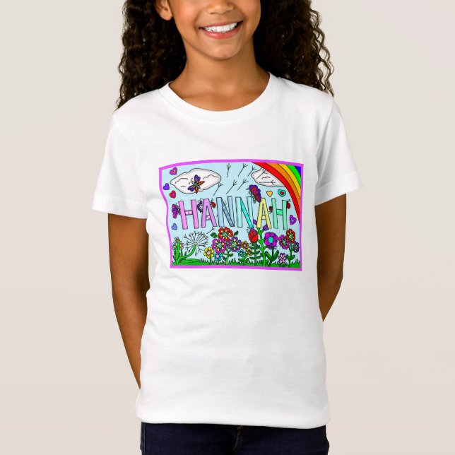 Flickans Namn Hannah Whimsical Flowers, Rainbow T Shirt (Framsida)