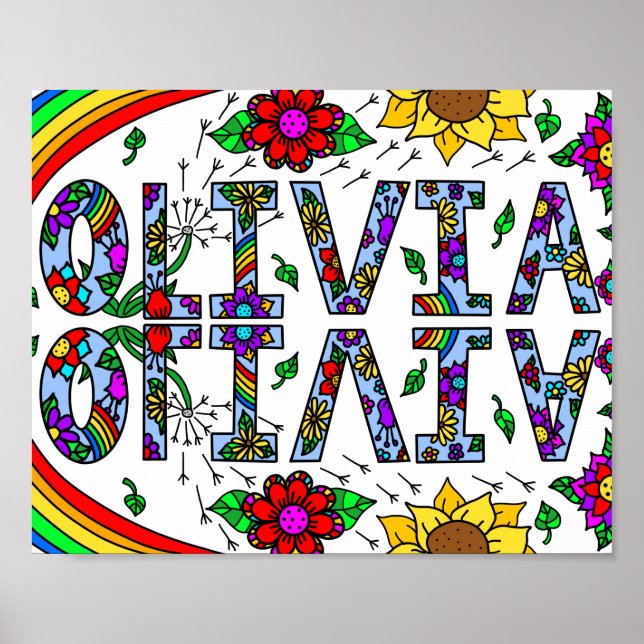 Flickans Namn Olivia Colorful Whimsical Vild Flowe Poster (Framsidan)