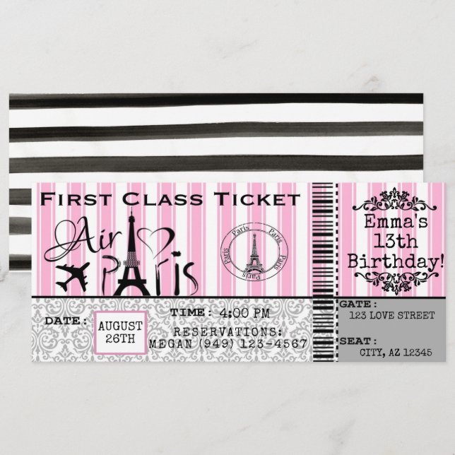 Flickans Paris Frankrike Airline Biljett Birthday Inbjudningar (Fram/baksida)