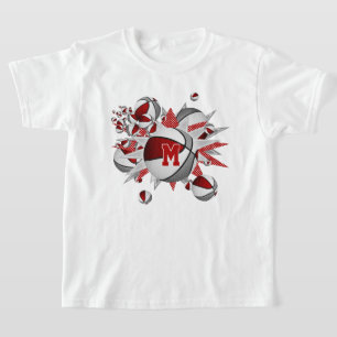 Flickans röda grått-basketstjärnor med monogrammet t shirt