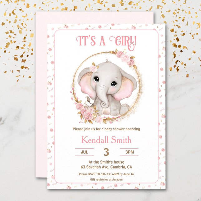 Flickans Rosa Elephant and Flowers Baby Shower Inbjudningar (Girl Cute Pink Elephant and Flowers Baby Shower Invitation)