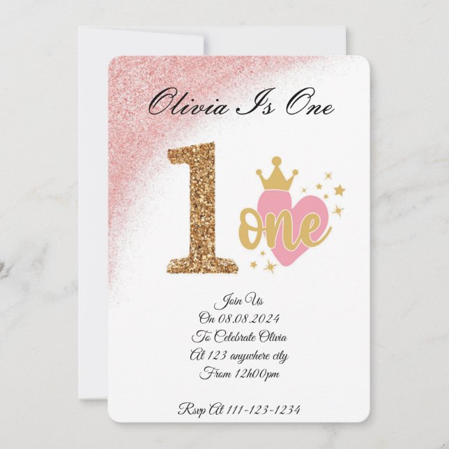 Flickans rosa glitter prinsessa födelsedag inbjudningar (Framsida)