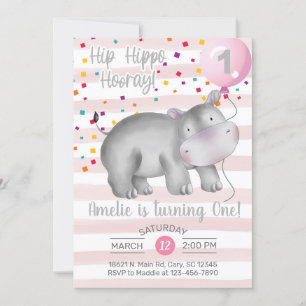 Flickans rosa-hippo-födelsedagsinbjudan, inbjudan. inbjudningar