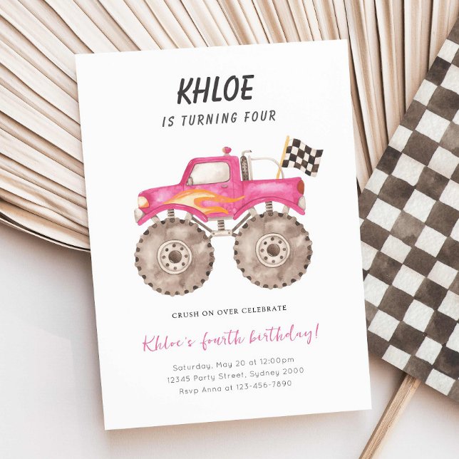 Flickans Rosa Monster Lastbil Bash i alla åldrar Inbjudningar (Skapare uppladdad)