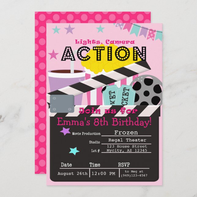 Flickans Rosa Movie Theater Party Birthday Inbjudningar (Fram/baksida)
