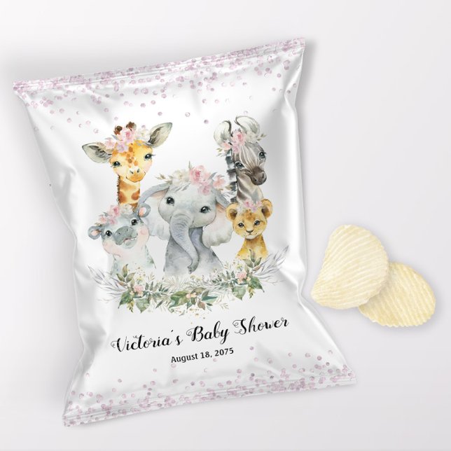 Flickans Rosa Safari Baby Shower Chip Bag Wrapper Reklamblad (1 ounce snack bag wrapper flyer. )