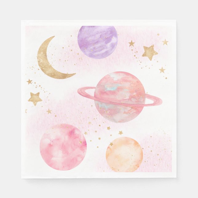 Flickans Rosa Space Party Napkins Pappersservett (Framsidan)