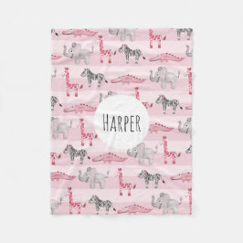 Flickans Rosa strimlade Safari Animals Namn Barns Fleecefilt