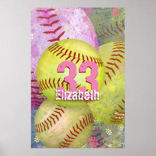 Flickans Softball grungy rosa gult Poster