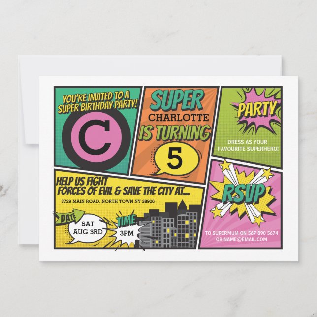 Flickans superhjälte-inbjudan Rosa Party Inbjudan (Framsida)