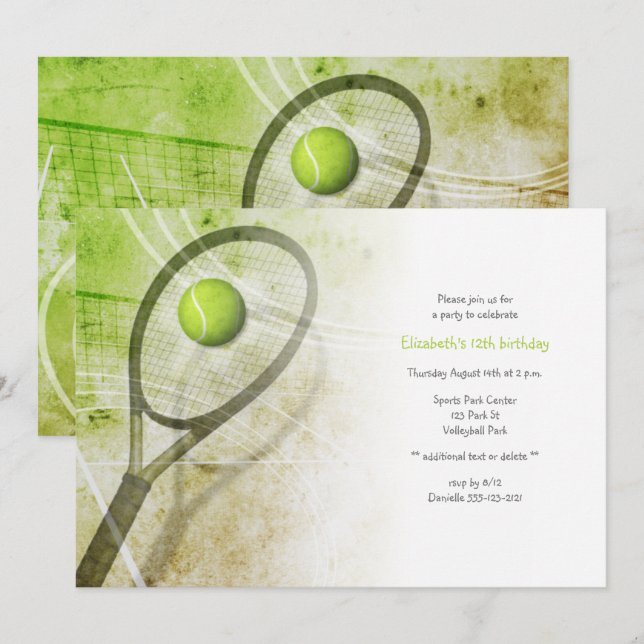 Flickans tennis-födelsedagsfest inbjudningar (Fram/baksida)