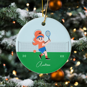Flickans tennis Player Ginger Hair Barn Namn & Yea Julgransprydnad Keramik