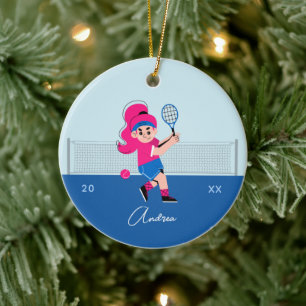 Flickans tennis Player Rosa Hair Barn Namn & Year Julgransprydnad Keramik