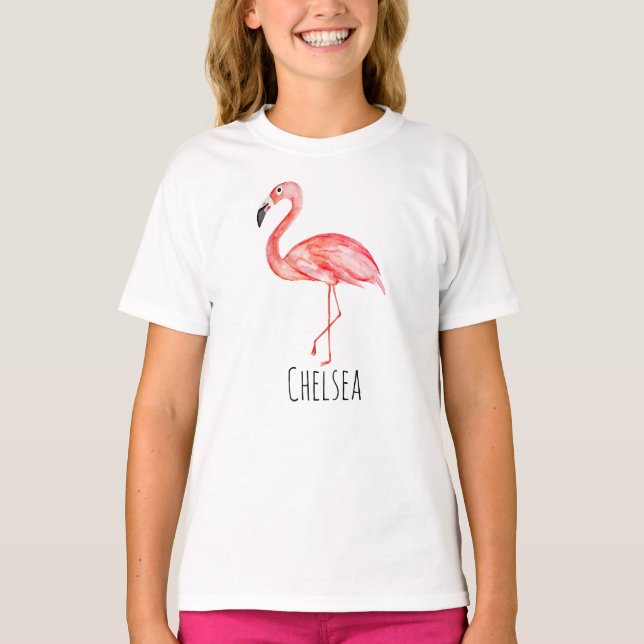 Flickans tropiska vattenfärg Flamingo och Namn T Shirt (Framsida)