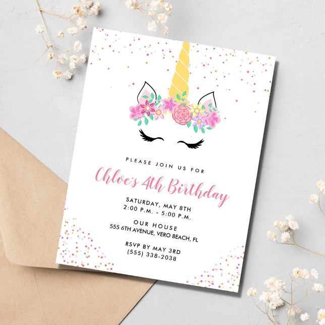 Flickans Unicorn 4e födelsedagen Party Inbjudningar (Girl's Unicorn 4th Birthday Party Invitation)