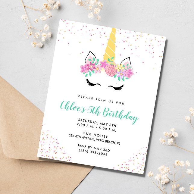 Flickans Unicorn 5:e Födelsedagsfesten Inbjudningar (Girl's Unicorn 5th Birthday Party Invitation)
