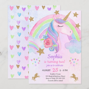 Flickans Unicorn Party Birthday Guld Glitter Inbjudningar