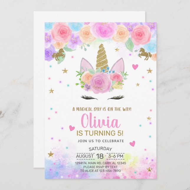 Flickans Unicorn-vattenfärg och guld-födelsedag in Inbjudningar (Fram/baksida)