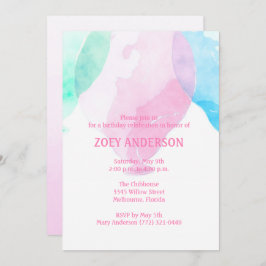 Flickans vattenfärgsballon Födelsedagsfest Inbjuda Inbjudningar