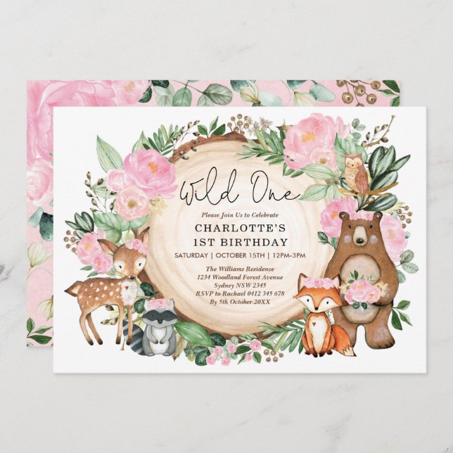 Flickans Vild En Rosa Blommigt Skogsmark 1:a födel Inbjudningar (Fram/baksida)