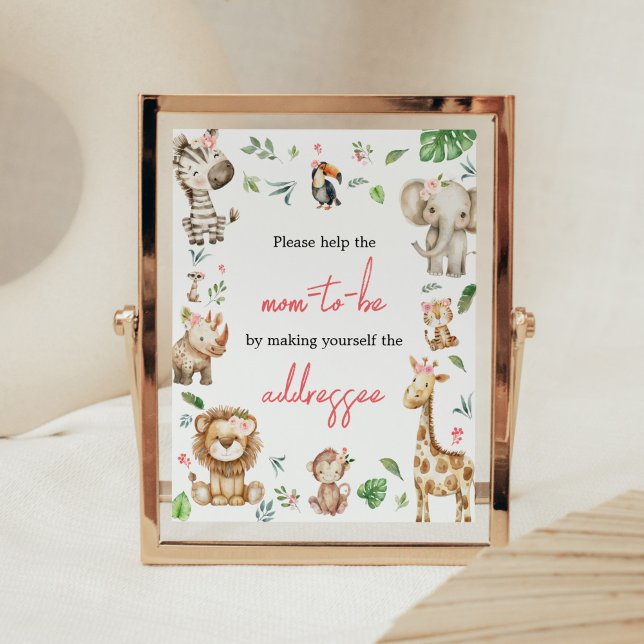 Flickans Vild en safari babykuvert Station Poster (Floral Wild One Safari Animals Baby Shower Envelope Station Sign)