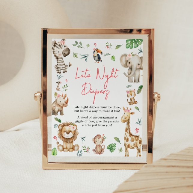 Flickans Vild en Safari Late Night Diaper Poster (Floral Wild One Safari Animals Baby Shower Late Night Diapers Sign)