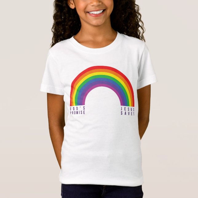 Flickans vita T-shirt Rainbow Jesus Saves (Framsida)