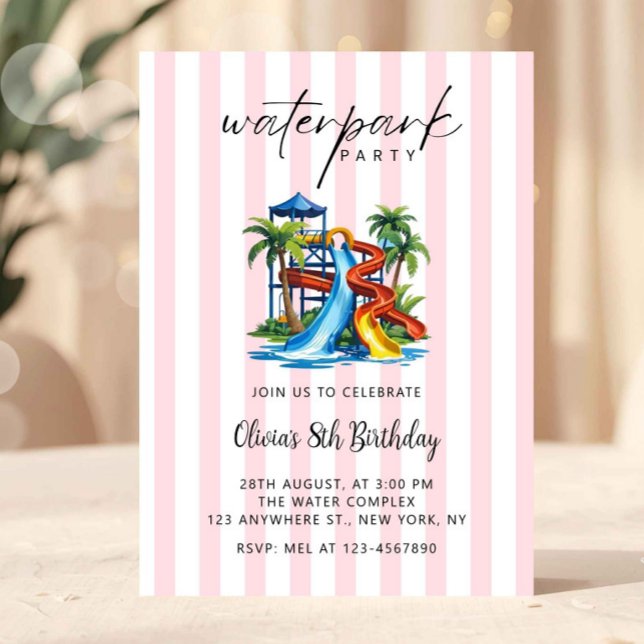 Flickar Rosa vattenpark födelsedagsinbjudan Inbjudningar (pink waterpark invitation, girls pool party invite, summer birthday invitation girl, elegant kids bi)
