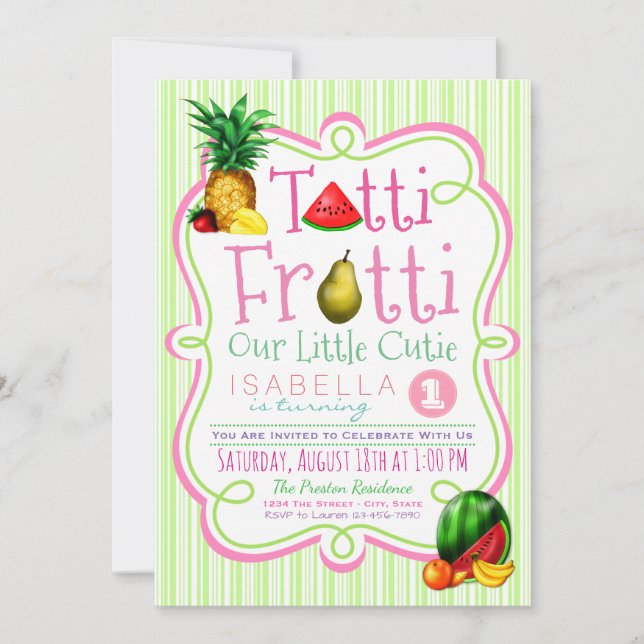 Flickar Tutti Frutti födelsedagsfest inbjudan (Framsida)