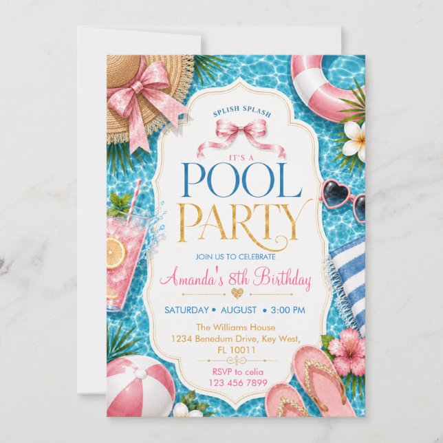 Flickarnas rosa poolparty födelsedag inbjudningar (Framsida)