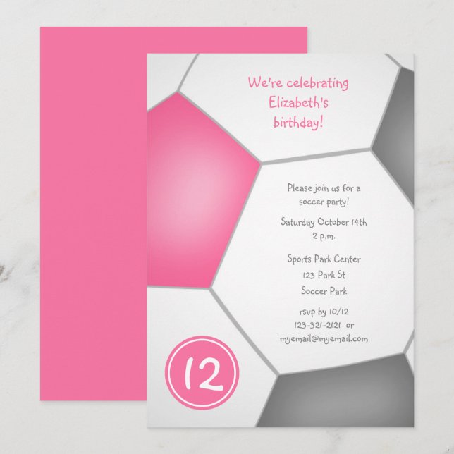 flickars sport rosa grå fotboll födelsedagsfest inbjudningar (Fram/baksida)