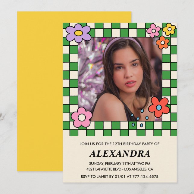 Flickas 13-års inbjudan Retro Groovy Blommor (Fram/baksida)