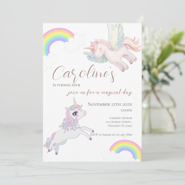 Flickas 3-årsdag, med ponny och regnbåge inbjudningar (Stående Fram)