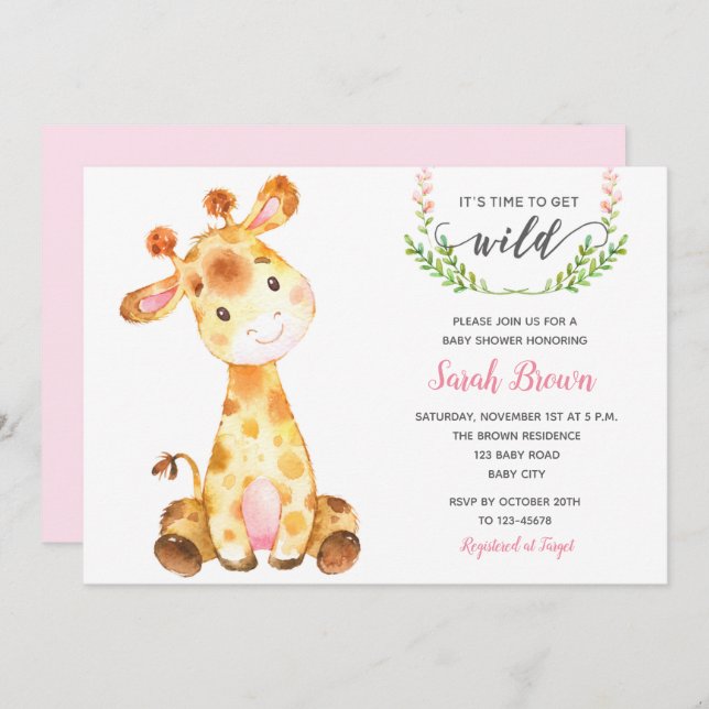 Flickas baby shower-inbjudningar (Giraff Rosa) Inbjudningar (Fram/baksida)